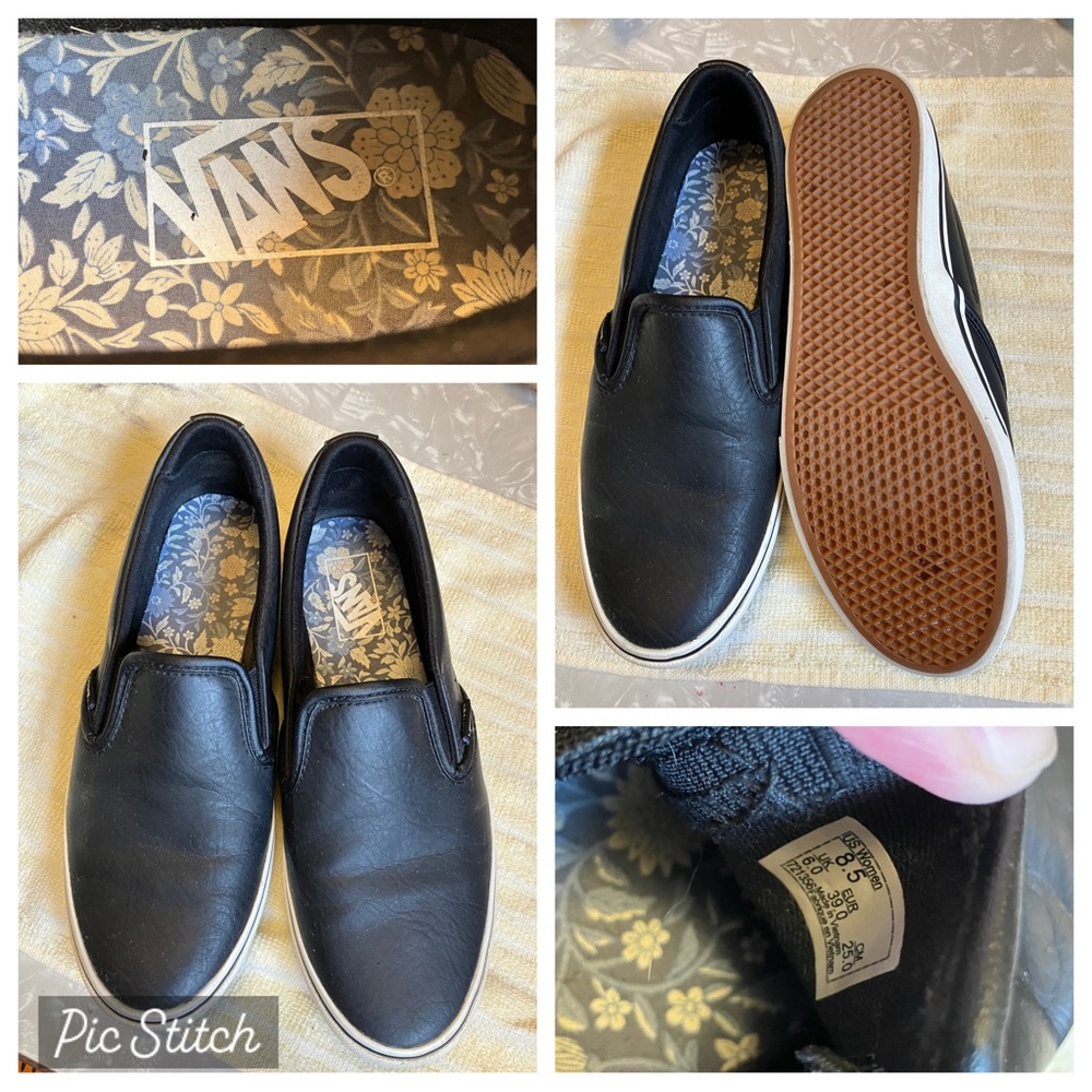 Vans Black/White Slip-On Shoes Women’s 8.5 Leather-Like Upper
